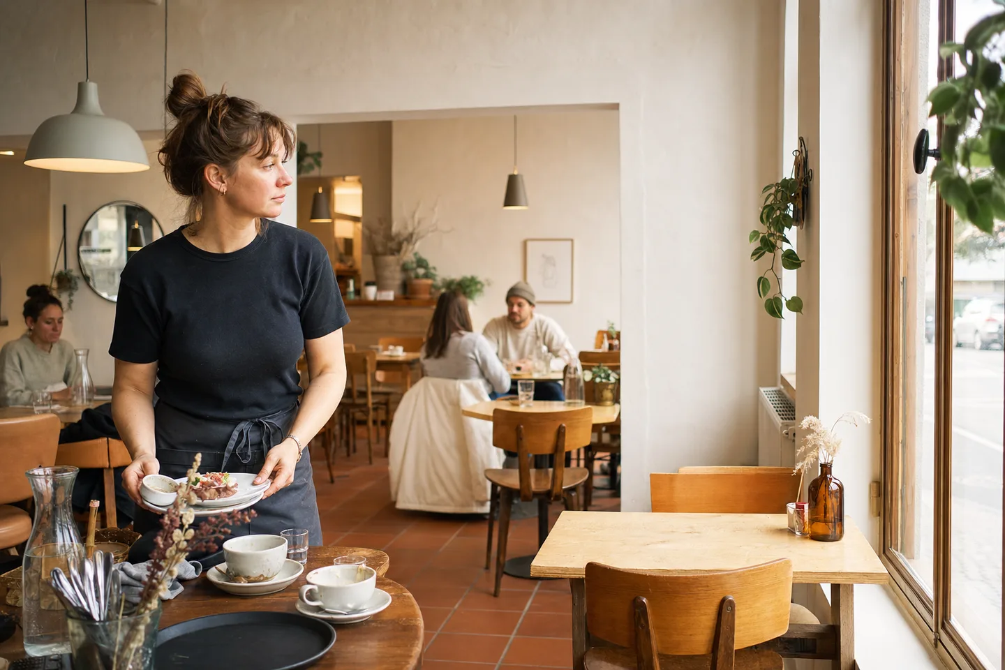 Une restauratrice observe une table vide dans son établissement.
